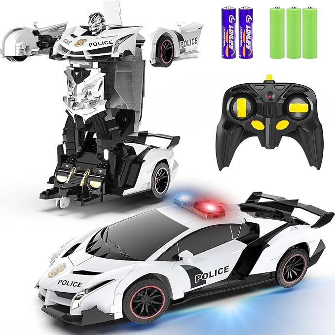 Remote Control Car - Transforming Toy Car Robot, One-Button Deformation with Flashing Lights 2.4GHz 1:18 Scale Transforming Police Car with 360-Degree Rotation Toys for Boys and Girls