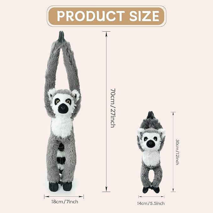 2pcs Lemur Hanging Stuffed Animal Mother with Baby Hangs Plush Toys, Hooks and Stuffed Animals with Rings for Kids 4-8, Gifts for Boys and Girls