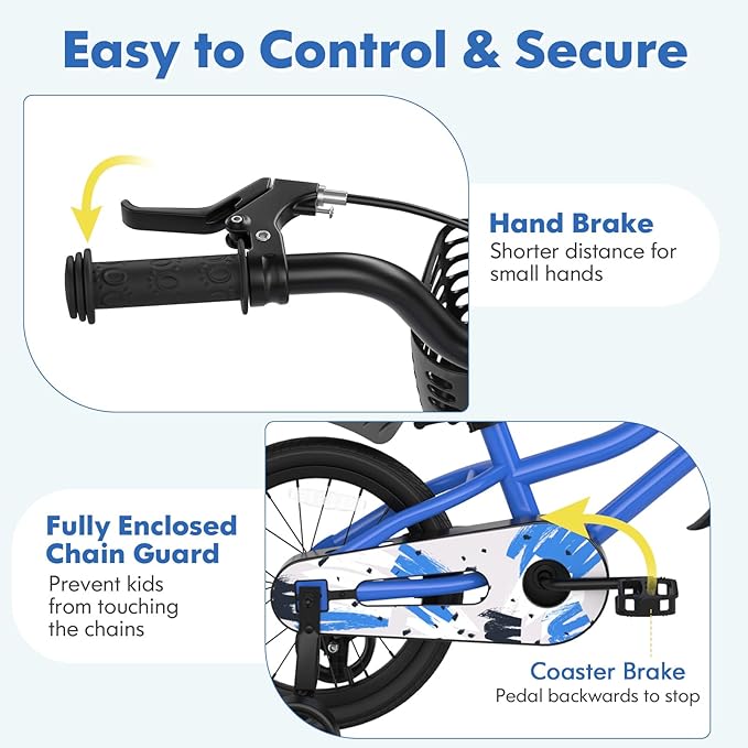 COSTWAY Kids Bike, 12 14 16 18 Inch Toddler Bike for Boys & Girls Aged 3-8 Years Old, Kids Bicycle w/Removable Training Wheels, Handbrake & Coaster Brake, Basket, Bell