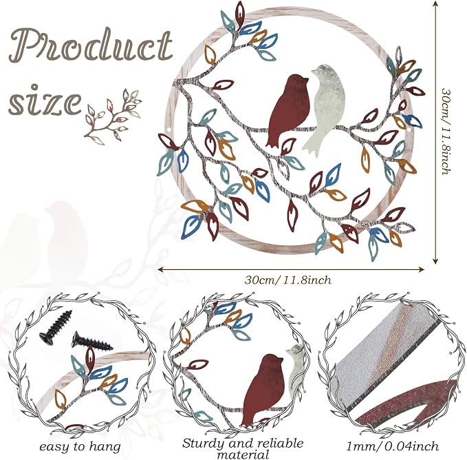 Ferraycle Metal Wall Art Bird on Tree Branch Silhouette Bird Hanging Ornament Porch Wall Decor for Living Room Outdoor Garden Bedroom Office Housewarming Party Decoration(Vintage Color)