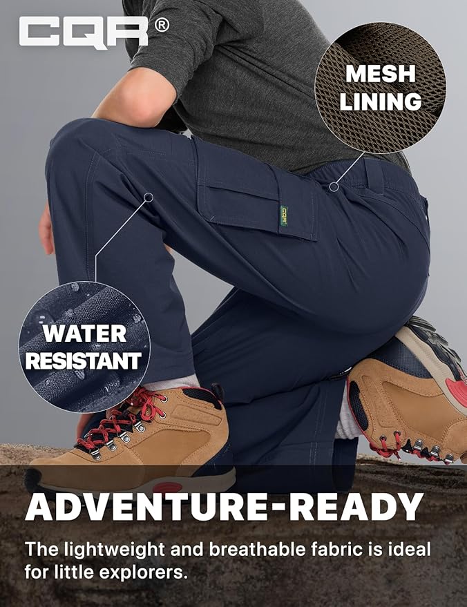 CQR Kids Boy’s Hiking Cargo Pants, Water Resistant UPF 50+ Quick Dry Youth Casual Outdoor Climbing Camping Trousers