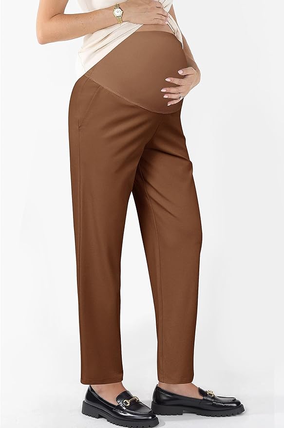 OUGES Womens Stretchy Maternity Over Belly Casual Work Straight Leg Pants Ankle Business Office Trousers with Pockets
