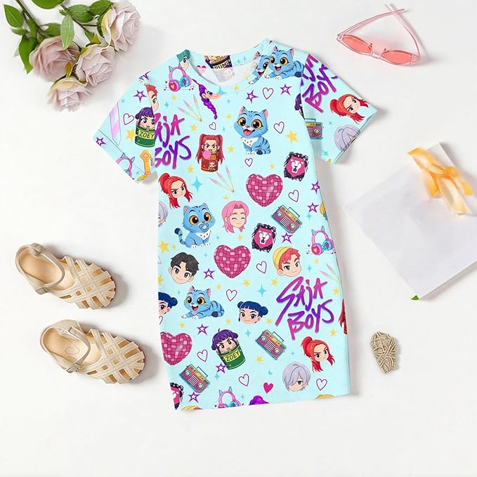 Girl's Anime K-POP Graphic Long Dress T-Shirt - Casual Loose Fit Short Sleeve Top