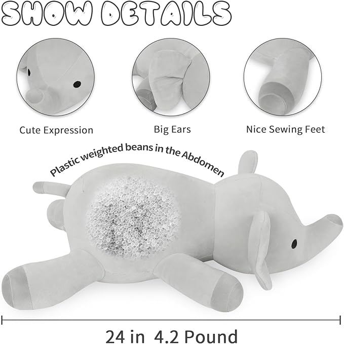 4.2lbs 24in Elephant Weighted Stuffed Animals, Weighted Plush, Gifts for Kids, Adults, Girls and Boys(Grey)