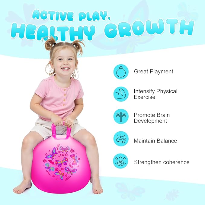 PlayZap Hopper Ball for Kids 6-12,20 Inch Pink Bouncy Ball with Handle, Inflatable Hippity Hop Bounce Hopping Toys Indoor Outdoor for Boys Girls Gifts, Butterfly