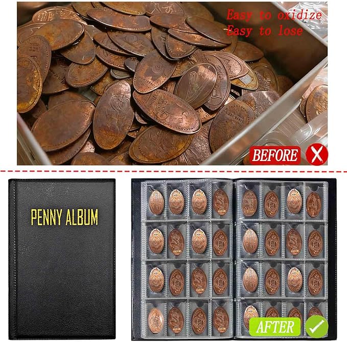 192-Pocket Penny Album, Compact Pressed Penny Collector Book, Durable Black Faux Leather Penny Holder for Travel Collection