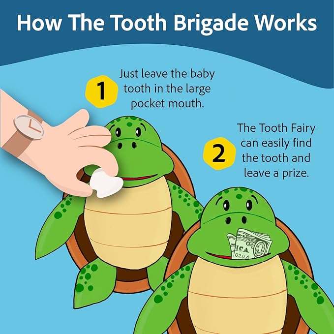 The Tooth Brigade Tooth Fairy Pillow | Stuffed Plush with Large Pocket Mouth for Lost Teeth, Treasures, Prizes - Fun and Interactive Plush, Perfect Kids, Boys, & Girls Gift (Kai Sea Turtle)