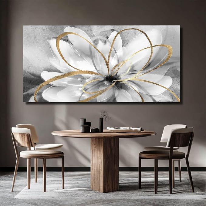 SOUGUAN Flower Wall Room Decor Gold Decoration White Flower Artwork for Living Room Office Dining Room 24x48 Inch