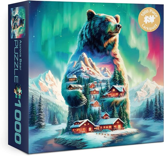 Magic Northern Lights Bear Puzzles for Adults 1000 Pieces, Fantasy Winter Snow Cabin Jigsaw Puzzle, Challenging Aurora Borealis Landscape Art Puzzles