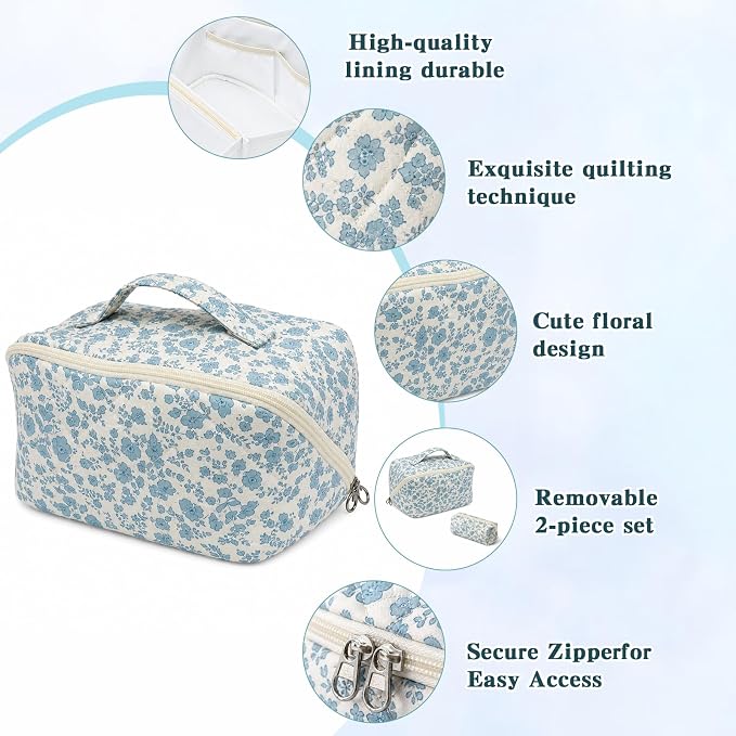 Travel Makeup Bag for Women,Large Capacity Quilted Cosmetic bag， 2PCS Make up Bag Set Open Flat Toiletry Bag for Skincare, Brushes & Travel Essentials (Blue2)