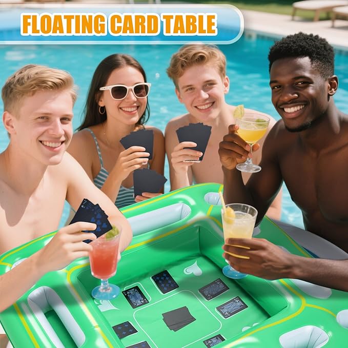 Kaiedos Floating Game Table for Pool - Inflatable Floating Table with Waterproof Playing Cards, 40"x40" Large Pool Float Drinks for Adults, Includes 12 Drink Holders (Green)