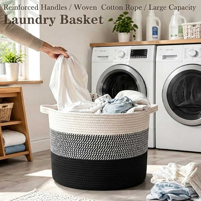 90L Extra Large Blanket Basket,Woven Laundry Basket-Mixed Black | Collapsible Nursery Storage Bin with Sturdy Handles, Organizes Clothes, Toys and Pillows for Living Room, Bedroom, Bathroom
