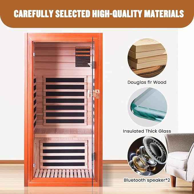 Infrared Sauna, Far Infrared Saunas for Home, Low EMF 1 Person Sauna Indoor Sauna Room Dry Sauna with Bluetooth Speakers 7 Color Light Therapy 1065W/120V Fast Heating Easy Assembly 31.5 * 31.5 * 63"