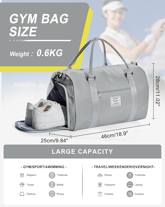 Gym Bag Womens Mens with Shoes Compartment and Wet PocketTravel Duffel Bag for Women for Plane, port Gym Tote Bags Swimming Yoga Small Waterproof Weekend Overnight Carry on Bag Hospital Holdalls