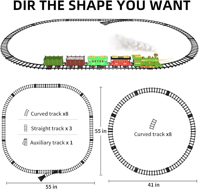 TEMI Large Train Set - Kids Electric Train Toy with 3 Way Smoke Locomotive, Light and Sounds, Cargo Cars and Long Tracks, Gift Train Sets for Boys & Girls 3 4 5 6 7 8+ Years
