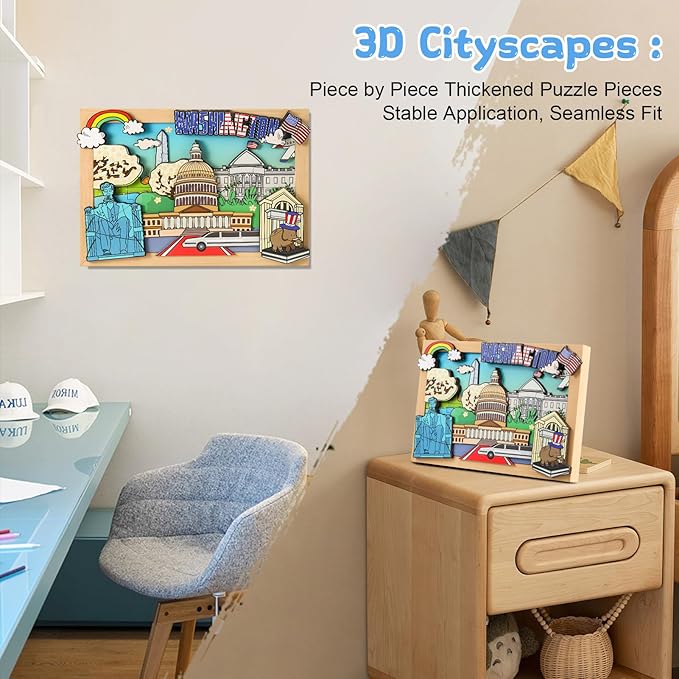 LQG Art Crafts Gift for Kids 4-8 Ages 3D Wooden City Landmark Series Frame Kit for Kids - DIY Washington Cartoon Style Puzzle Toys Perfect Wall Art and Tabletop Decoration