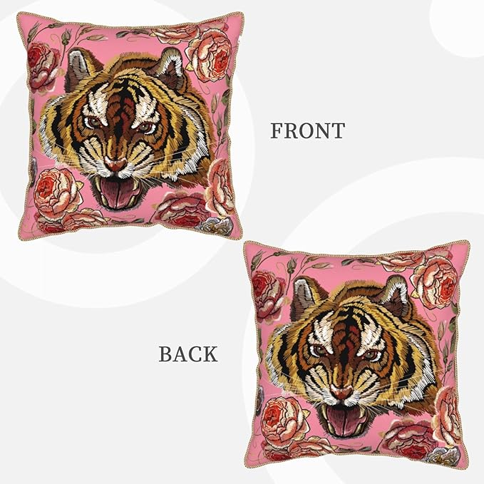 Tiger Floral Pink Velvet Pillow Covers 16x16 Inch Flower Animal Print Throw Pillows for Couch Farmhouse Cushion Covers Pillowcase Modern Pillow Cases for Sofa Bed Living Room Outdoor Decor