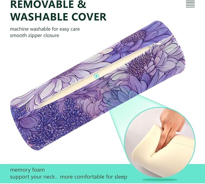 Cartoon Chrysanthemum Flowers and Lavender Neck Roll Pillow Bolster Round Health Memory Foam Long Cervical Cylinder Pillows with Removable Washable Cover for Body Bed Legs Back Yoga