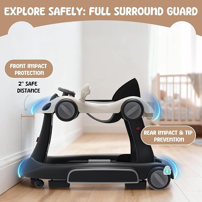 6 in 1 Foldable Baby Walker, Activity Baby Walker-Baby Bouncer, Rocker, Activity Center,Push Walker,Detachable Trampoline Mat, Adjustable Speed Rear Wheels and Height,Music & Lights,Ages 6-18 Months