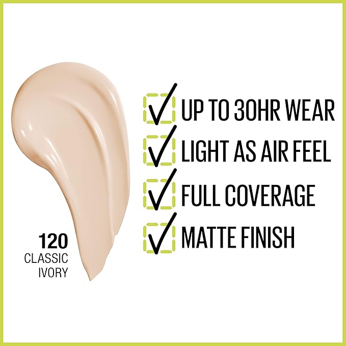 Maybelline Super Stay Full Coverage Liquid Foundation Active Wear Makeup, Up to 30Hr Wear, Transfer, Sweat & Water Resistant, Matte Finish, Classic Ivory, 1 Count