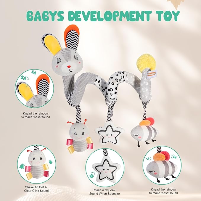 Baby Spiral Activity Toy for Crib Car Seat & Stroller, High Contrast Newborn Sensory Toys 0-12 Months with Soft Plush, Rattle & Crinkle Sounds, Perfect Infant Developmental Gift for Boys & Girls