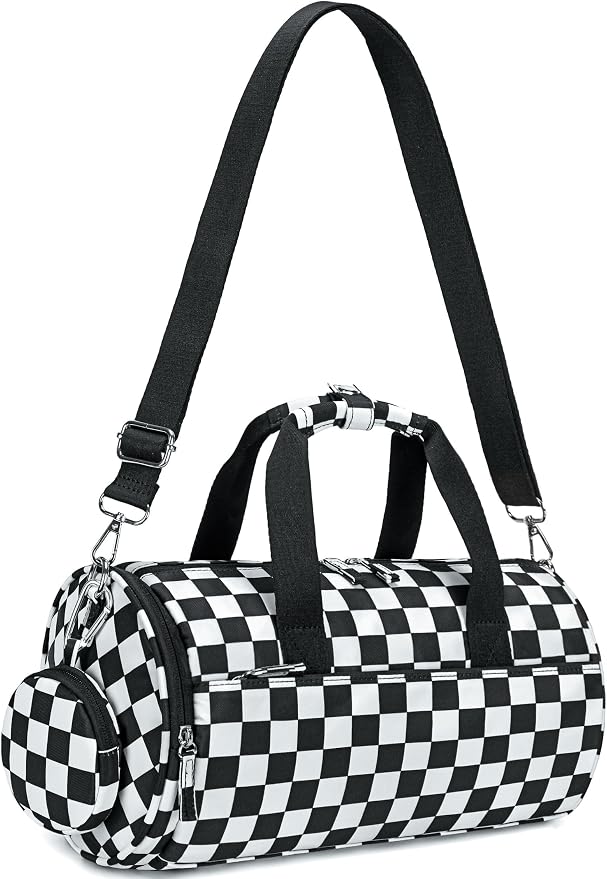 BTOOP Mini Gym Bag for Women, 12-Inch Small Duffle Bag with Wet Pocket and Coin Purse, Lightweight Water-Resistant Workout Bag for Yoga, Pilates, Dance and Travel (Balck-white checkered)