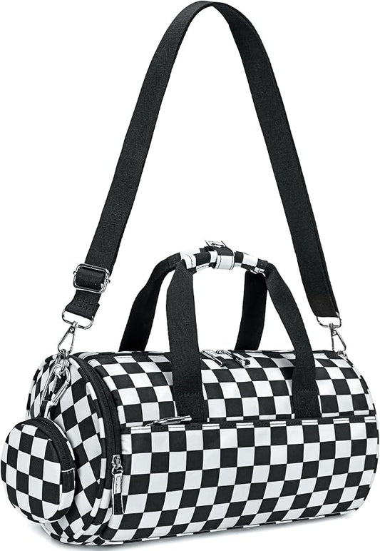 BTOOP Mini Gym Bag for Women, 12-Inch Small Duffle Bag with Wet Pocket and Coin Purse, Lightweight Water-Resistant Workout Bag for Yoga, Pilates, Dance and Travel (Balck-white checkered)