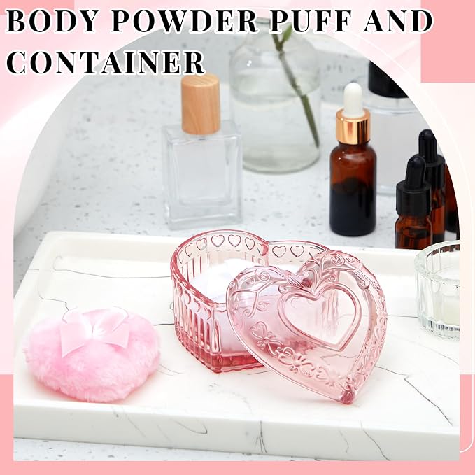 Tioncy 3 Pcs Large Body Powder Puff and Container Mother's Day Gift Powder Container with Puff Crystal Case Soft Washable Reusable Velour Face Body Glitter Wet Dry Makeup(Pink, Heart)