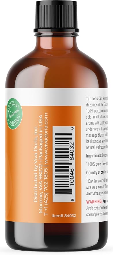 Viva Doria Turmeric Essential Oil, 100% Pure, Natural Turmeric Essential Oil, Undiluted, for Aromatherapy | Food Grade, 118 mL (4 Fluid Ounce)