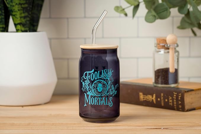 Silver Buffalo Disney Haunted Mansion “Foolish Mortals” Featuring Madame Leota Glass Jar Tumbler with Bamboo Lid and Glass Straw, 16 Ounces