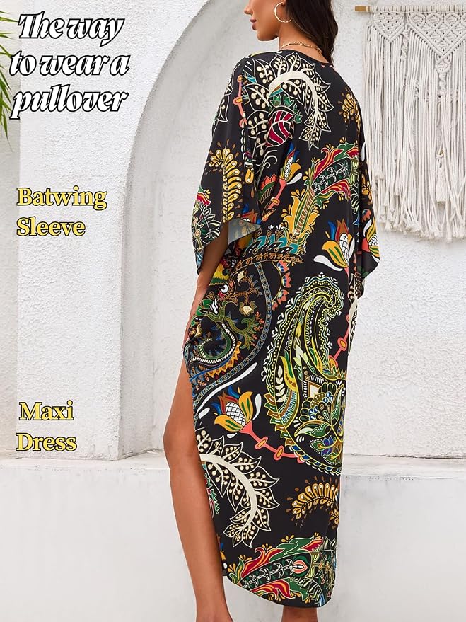ChiaoLezhee Print Moo-Moos for Women, Kaftan Cover-Up Dresses, Sexy V-Neck High-Slit, Beach Pool-Party Coverups Muumuu Plus