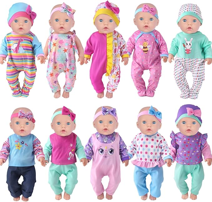 UNICORN ELEMENT 10 Sets Baby Doll Clothes for 14-18 Inch Dolls, Doll Pjs Outfits Playtime Jumpsuits Fit in 15 Inch Dolls Reborn,Total 20 Pcs Outfits and Accessories for 43cm New Born Baby Dolls
