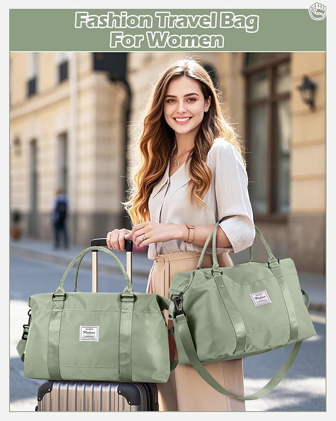 Travel Duffel Bags for Women Mens Waterproof Weekender Carry on Bag Sports Gym Bag Travel Tote Bags with Wet Pocket Overnight Bag Workout Duffel Bags with Trolley Sleeve Grey Green