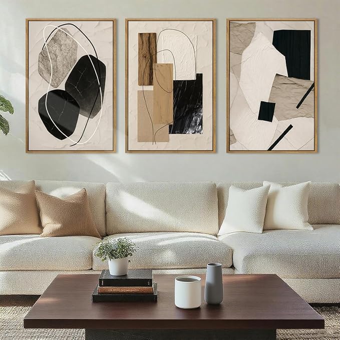 Large Abstract Paintings Framed Neutral Canvas Prints Mid Century Modern Wall Art for Living Room Bedroom Bathroom 36x24 Inch 3 Piece