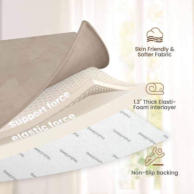 Huloo Sleep Baby Play Mat for Floor,1.3" Thick Elasti-Foam 50"×74" Playpen Mat for Tummy Time,Water Repellent Soft Coral Velvet for Toddler,Infant,Kids,Non-Slip Backing Safe for Crawling(Beige)