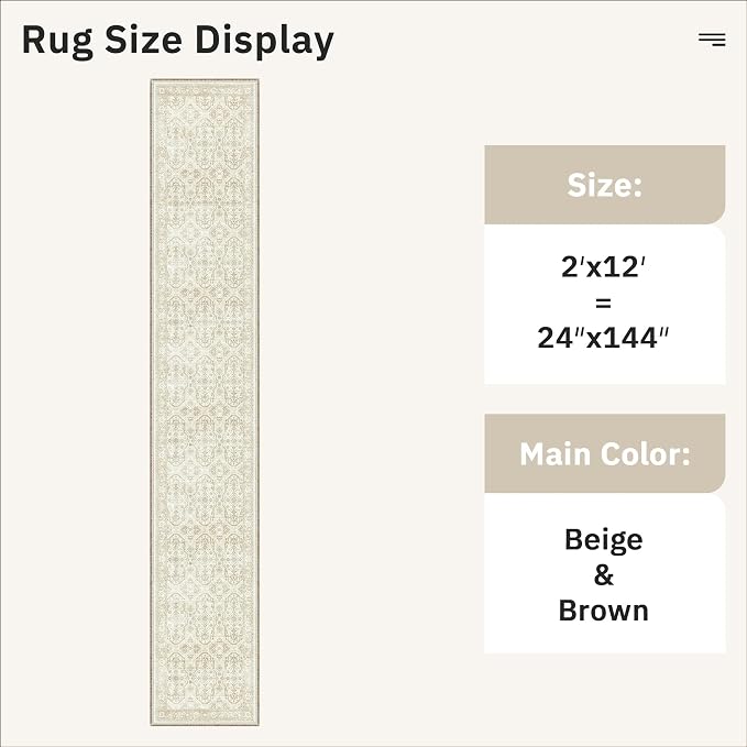 Soalmost Runner Rug 2x12 Washable Hallway Kitchen Runners Beige/Brown | Non-Slip Vintage Rugs for Bathroom Laundry Room, Soft Low Pile Foldable Floor Carpet Mat for Entryway Corridor Bedroom