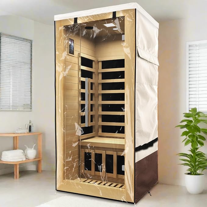 Outdoor Wood Sauna Cover,Sauna Covers with Separate Top Cover for Wood Home Spa Saunas,37" Lx29 Dx62 H with PVC Clear Door Design,Beige&Brown