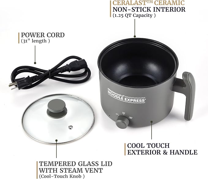 Elite Gourmet Noodle Express Electric Hot Pot, Ceralast Non-Stick, Grey | Cool-touch handle - PFAS-free ceramic coating - prepares noodles, soups & stews - glass lid - 2 heat settings, High/Low