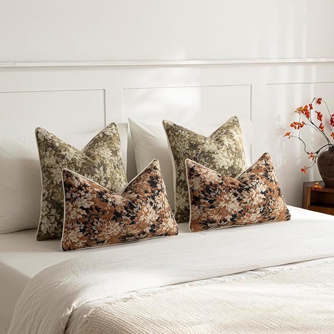 Pack of 2 Vintage Floral Throw Pillow Covers 22x22 Boho Farmhouse Accents Chenille Square Decorative Pillow Cases for Living Room Couch Bed Home Decor, Beige