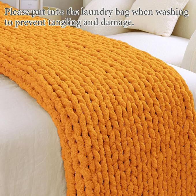 Chunky Knit Blanket Throw for Couch, 51"x63" Chunky Yarn Knitted Blankets | 100% Hand Knit Thick Chenille, Soft Breathable for Bed, Sofa, Home Decor, Cozy Gifts for Women Friends, Orange