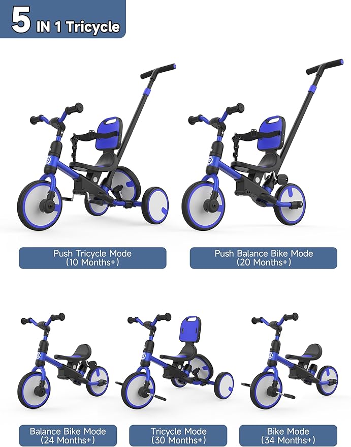 besrey Toddler Tricycle with Spare Wheel,Toddler Bike 1-3 Years Old,5 in 1 Kids Trike with Push Handle,Backrest and Safety Belt,Balance Bike 1+ Year Old,Birthday Gift and Toy for Boys and Girls