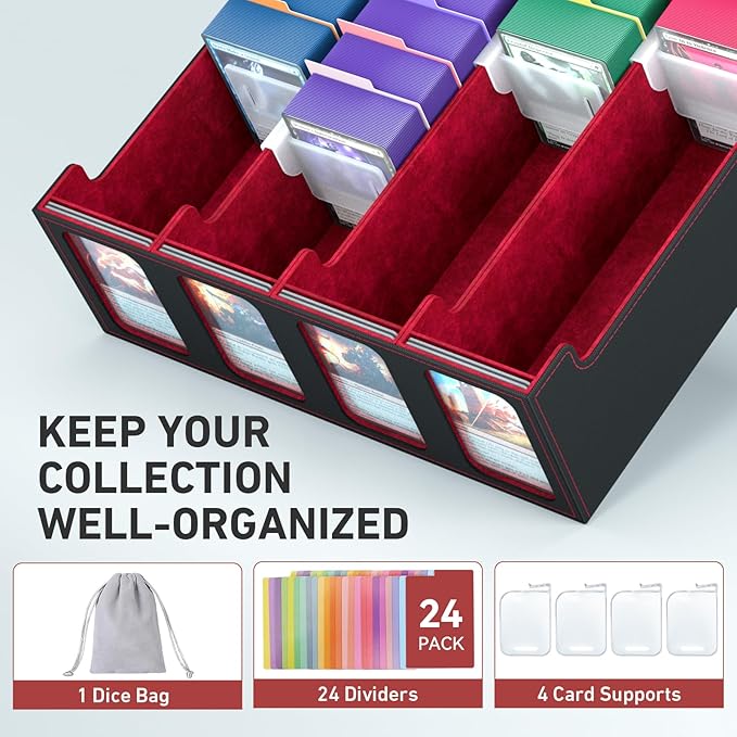 4-Row Trading Card Storage Box, Bulk Cards Case for 3200+ Mtg tcg Magic Playing Game Card Organizer, Commander Deck Box with 4 Supports & 24 Dividers & Strap