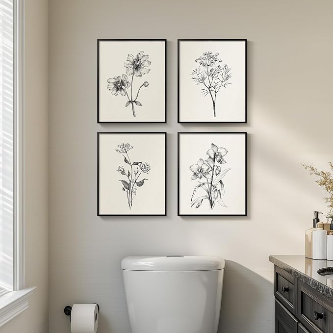 Framed Black and White Minimalist Floral Bathroom Wall Art, 4 Piece 8x10 In | Modern farmhouse wall decor, Flower botanical pictures, Waterproof canvas prints, Living room kitchen hallway bedroom decor