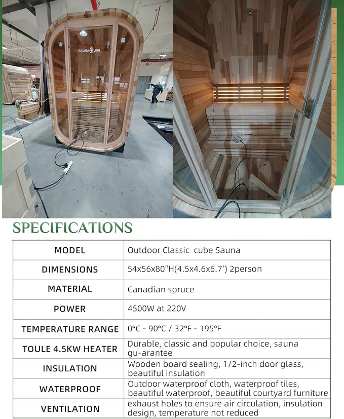 Outdoor Cube Sauna Rooms,2person Canadian Spruce Steam Saunas,54x56x80 H Panoramic Large Space,4.5KW 220V Electric Stove Durable,Easy to Install