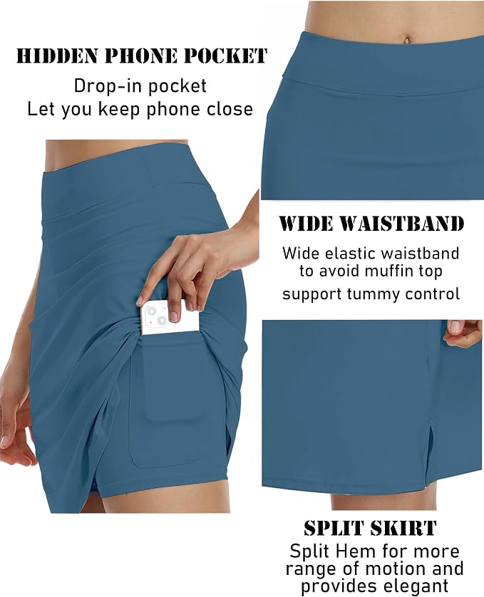 COOrun Women's 20" Knee Length Skirts High Waisted Golf Skorts with Pockets | Soft, Quick Dry, Split Hem, Built-in Shorts, A-line, Modest Skirts, for Golf Athletic Tennis Work Casual