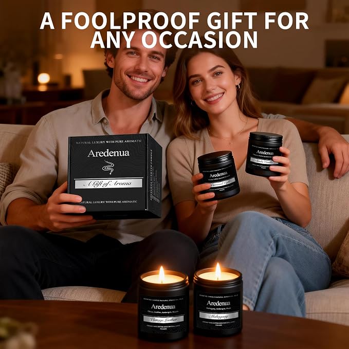 Men’s Candle Set for Men, 4 Pack Masculine Scented Candles – Vintage Leather, Smoke & Vanilla, Mahogany, Caramel Coffee – Soy Candles for Home, Gentlemen Candle Aromatherapy Gift for Him