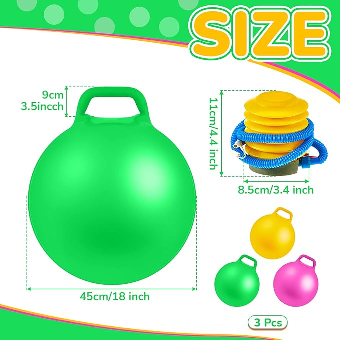 Lewtemi 3 Pcs 18 Inch Inflatable Bouncy Hopper Ball Large Round Jumping Balls with Handles for Kids Hopping Toys for 6 Years Old and Above Children Boy Girl(Pink, Yellow, Green)