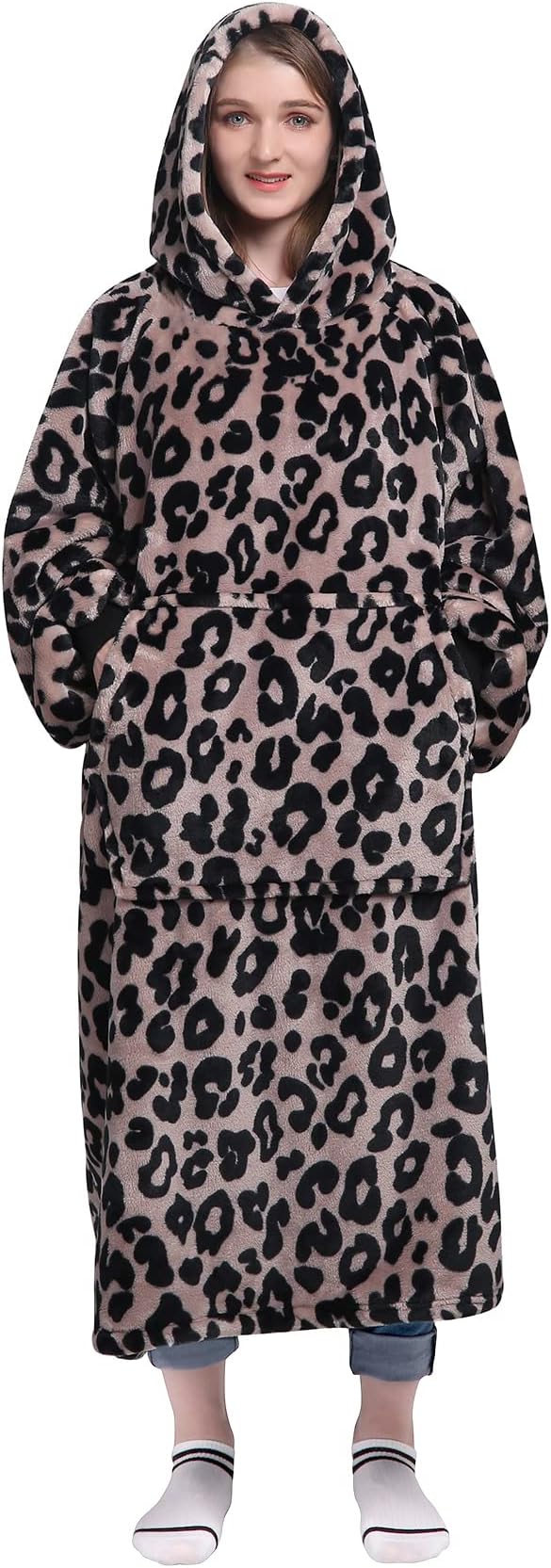 Waitu Wearable Blanket Sweatshirt Gifts for Women and Men, Warm and Cozy Blanket Hoodie, Thick Flannel Hoodie Blanket, Blanket Robe for Adults and Kids - Leopard