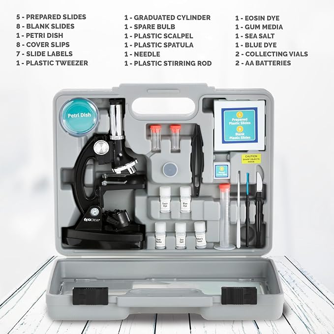 AmScope M30 Series 52-Piece STEM Microscope Kit for Kids - Monocular, Portable Compound Microscope for Kids - Includes Petri Dish, Slides & More - Black