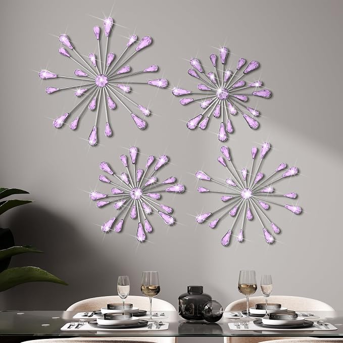 Hicarer 4 Pcs Starburst Wall Decor Bling Wall Art Crystal Teardrop 3D Hanging Rhinestone Radial Metal Artwork Modern Accent Sculptures Decorations for Living Room Home Office Bedroom(Purple)